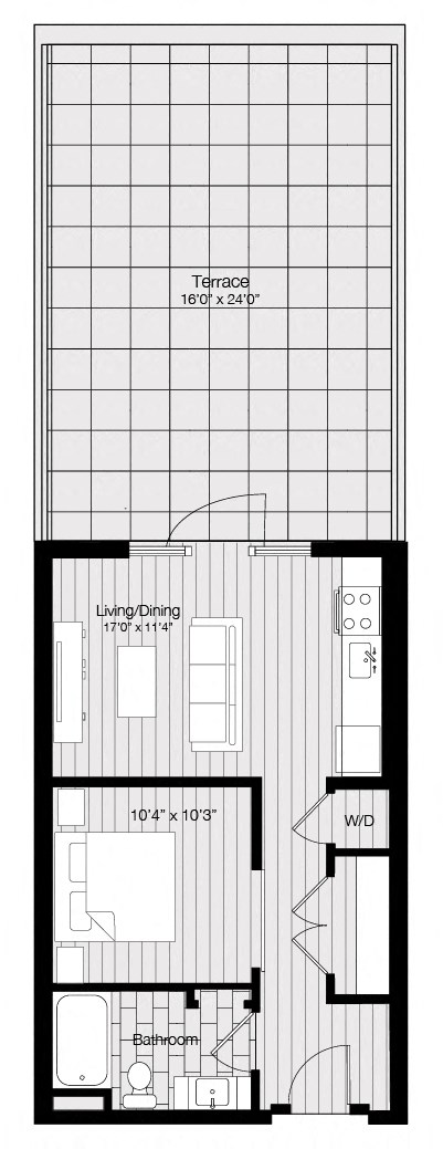 Floor plan for studio, 1 bath, 538 sqft